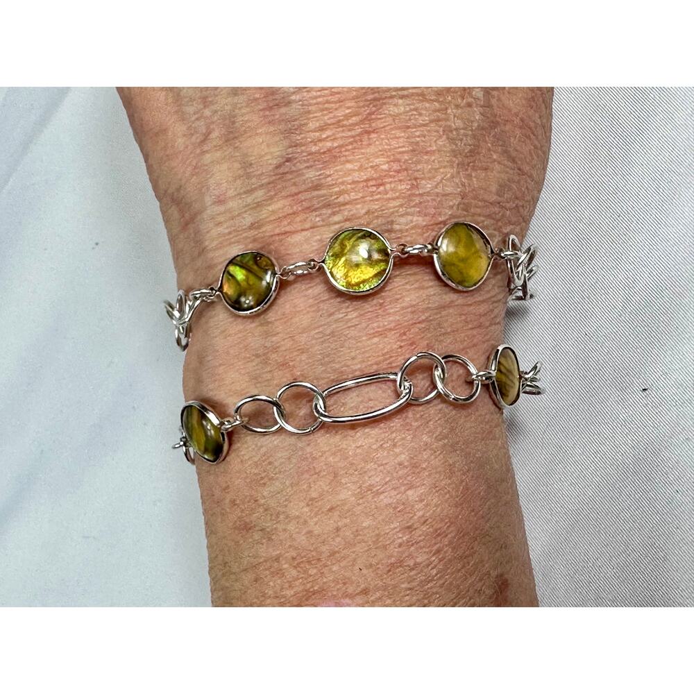 Pair Silver Tone Abalone Shell Link Bracelets Green Iridescent Paua Shell 7.5"